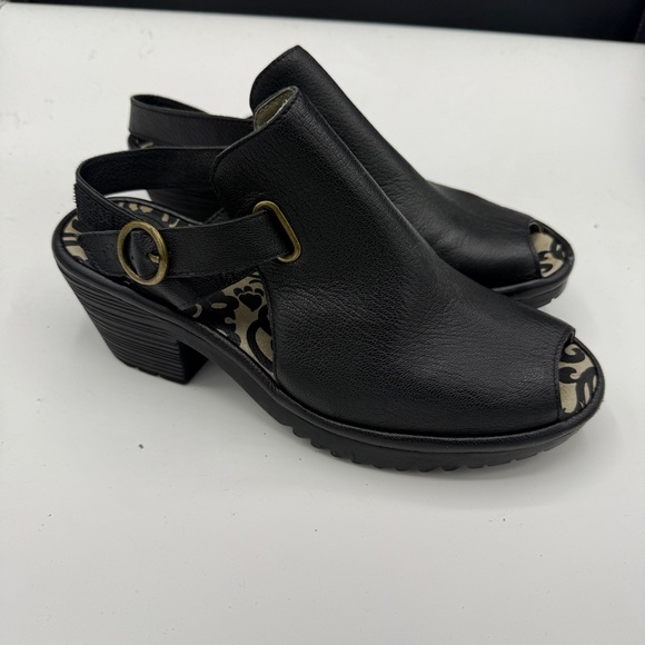 Fly London Black Leather Heeled Wena Sandals Buckle Strap - Picture 1 of 9